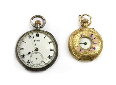 Lot 1299 - A Continental gold pin set half hunter fob watch