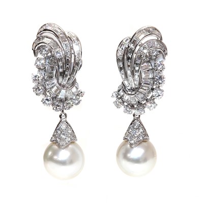 Lot 264 - A pair of diamond and cultured South Sea pearl spray earrings