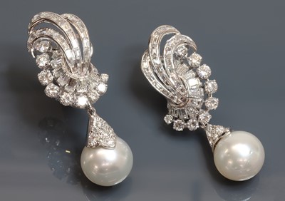 Lot 264 - A pair of diamond and cultured South Sea pearl spray earrings