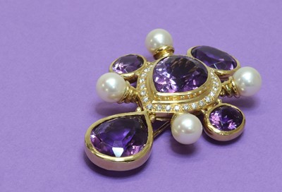 Lot 341 - An amethyst, diamond and cultured pearl cruciform brooch
