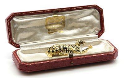 Lot 387 - An 18ct gold diamond and enamel tiger brooch, by Cropp and Farr, c.1980