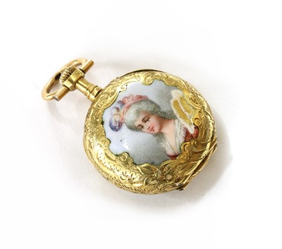 Lot 460 - A Continental gold pin set enamel fob watch