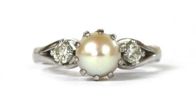 Lot 329 - A white gold three stone cultured pearl and diamond ring