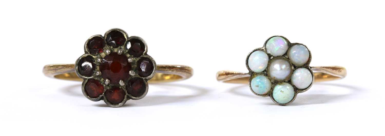Lot 45 - A gold and silver, split pearl and opal cluster ring