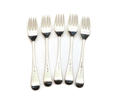 Lot 14 - A set of five Victorian silver feather-edge and teardrop dessert forks