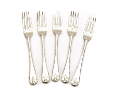 Lot 14A - A set of five Victorian silver feather-edge and teardrop dessert forks