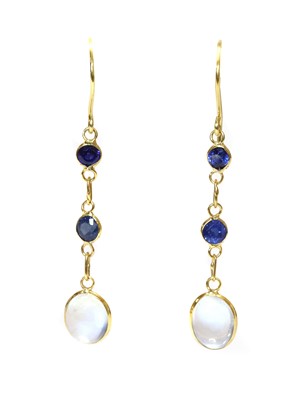 Lot 366 - A pair of moonstone and sapphire drop earrings