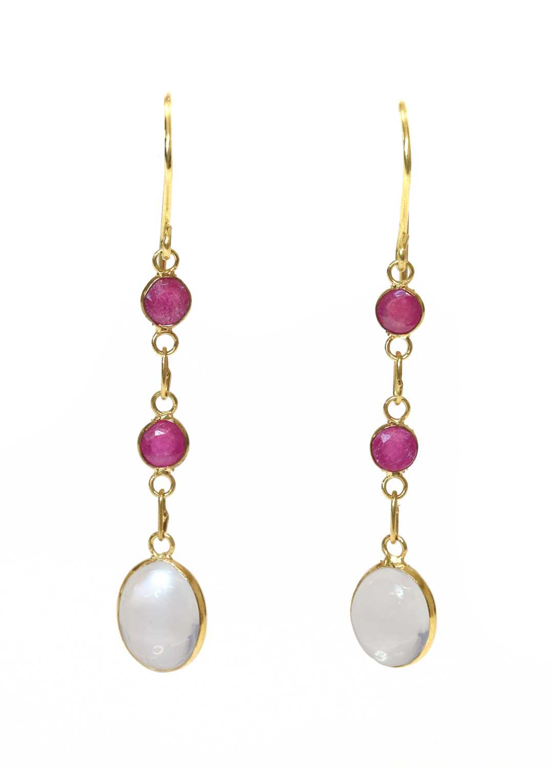 Lot 370 - A pair of gold moonstone and ruby drop earrings