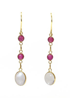 Lot 370 - A pair of gold moonstone and ruby drop earrings