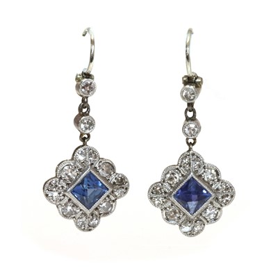 Lot 181 - A pair of sapphire and diamond cluster drop earrings