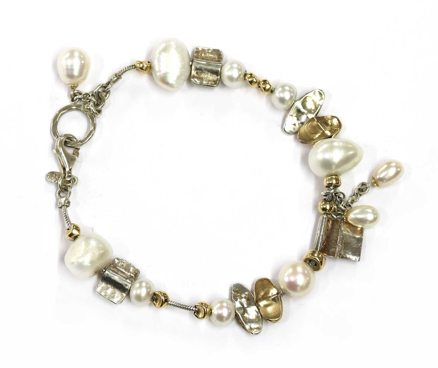 Lot 327 - A silver and gold, cultured freshwater pearl bracelet, by Talma Keshet