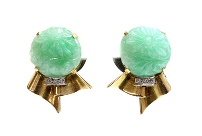 Lot 247 - A pair of 18ct two colour gold carved jade and diamond earrings, c.1940