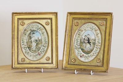 Lot 750 - A pair of Georgian oval needleworks of ladies in gardens