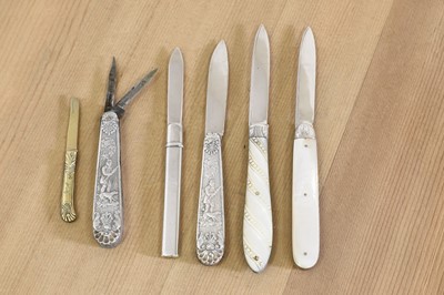 Lot 680 - Six various silver, silver-plated and base metal folding fruit knives and a penknife