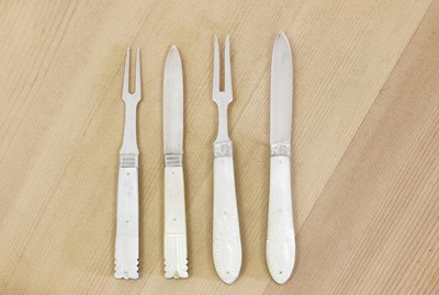 Lot 688 - Two pairs of silver and mother-of-pearl folding fruit knives and forks
