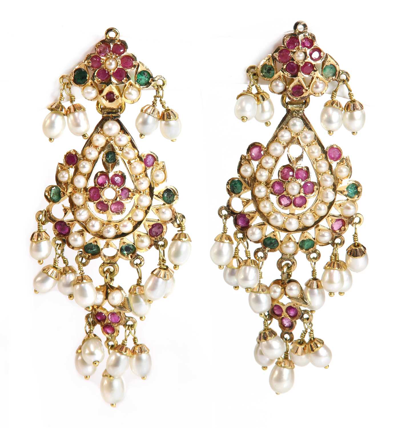 Lot 160 - A pair of Indian high carat gold cultured freshwater pearl, ruby and emerald drop earrings