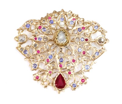 Lot 159 - An Indian high carat gold diamond, ruby, synthetic ruby and sapphire brooch