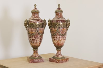 Lot 113 - A pair of ormolu-mounted brèche rouge marble garniture urns