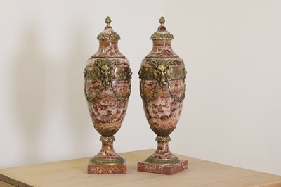 Lot 113 - A pair of ormolu-mounted brèche rouge marble garniture urns