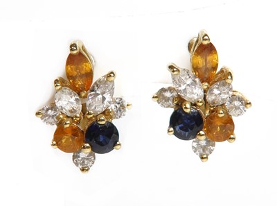 Lot 459 - A pair of French 18ct gold diamond and vari-coloured sapphire cluster earrings