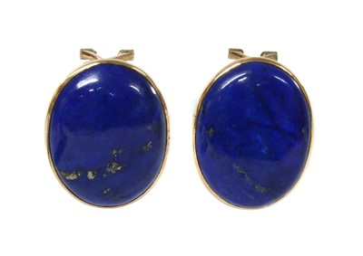 Lot 1231 - A pair of gold lapis lazuli earrings