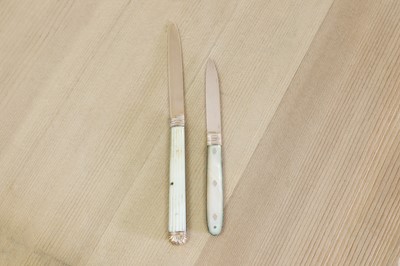 Lot 681 - Two gold and mother-of-pearl folding fruit knives