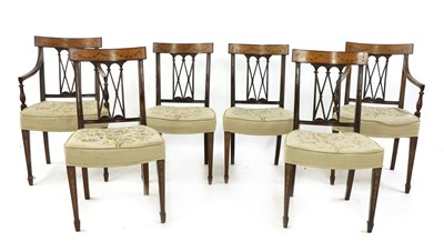 Lot 322 - A set of six Edwardian mahogany and inlaid satin wood bar back dining chairs