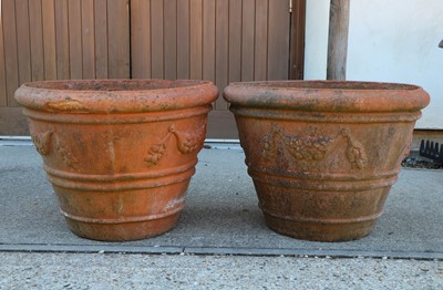 Lot 332 - A large pair of terracotta planters of tapering cylindrical form