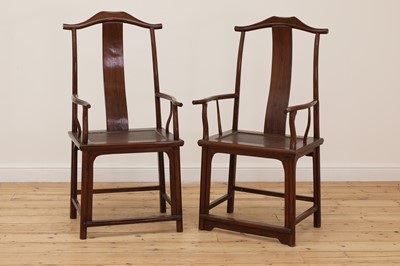 Lot 93 - A pair of Chinese yokeback armchairs