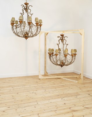 Lot 617 - A pair of large beaded glass and giltwood ten-light chandeliers