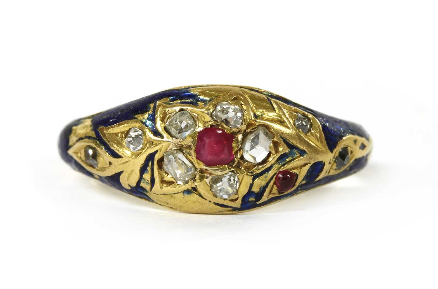 Lot 1013 - A gold enamel ruby and diamond ring