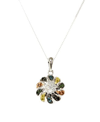 Lot 1136 - A white gold diamond and fancy coloured diamond pendant