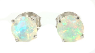 Lot 1265 - A pair of white gold single stone opal stud earrings