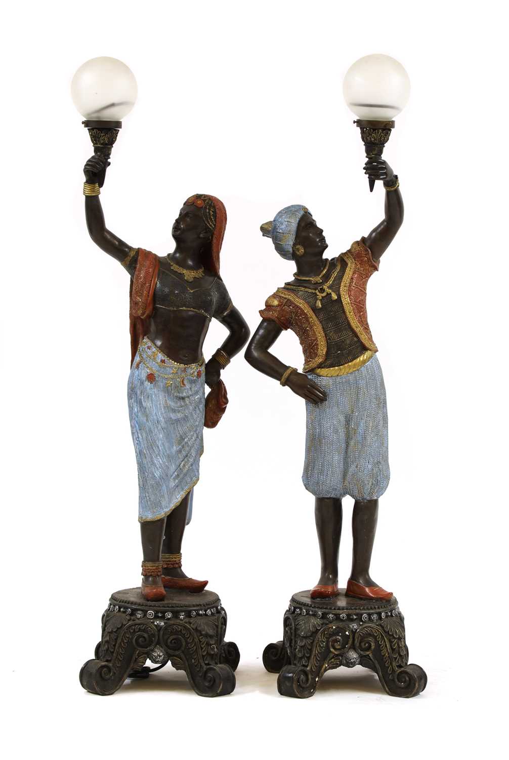 Lot 417 - A pair of painted spelter Blackamoor standing lamps