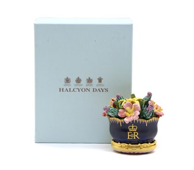 Lot 115 - A Halcyon Days Royal Commemorative enamel and porcelain pot and cover