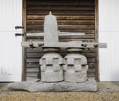 Lot 806 - A large teak sugar cane press