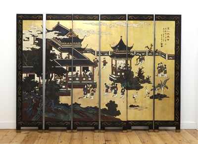 Lot 582 - A Chinese six-fold lacquered screen