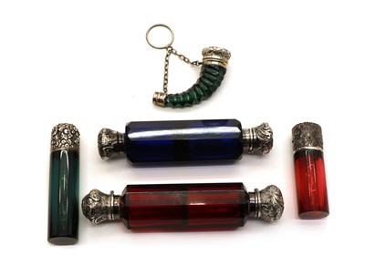 Lot 79 - A collection of five Victorian coloured glass scent bottles