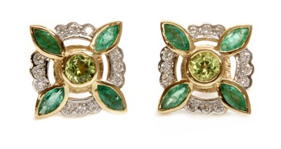 Lot 1202 - A pair of peridot, emerald and diamond earrings, by Luke Stockley