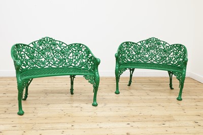 Lot 107 - A pair of painted aluminium garden love seats in the manner of Coalbrookdale
