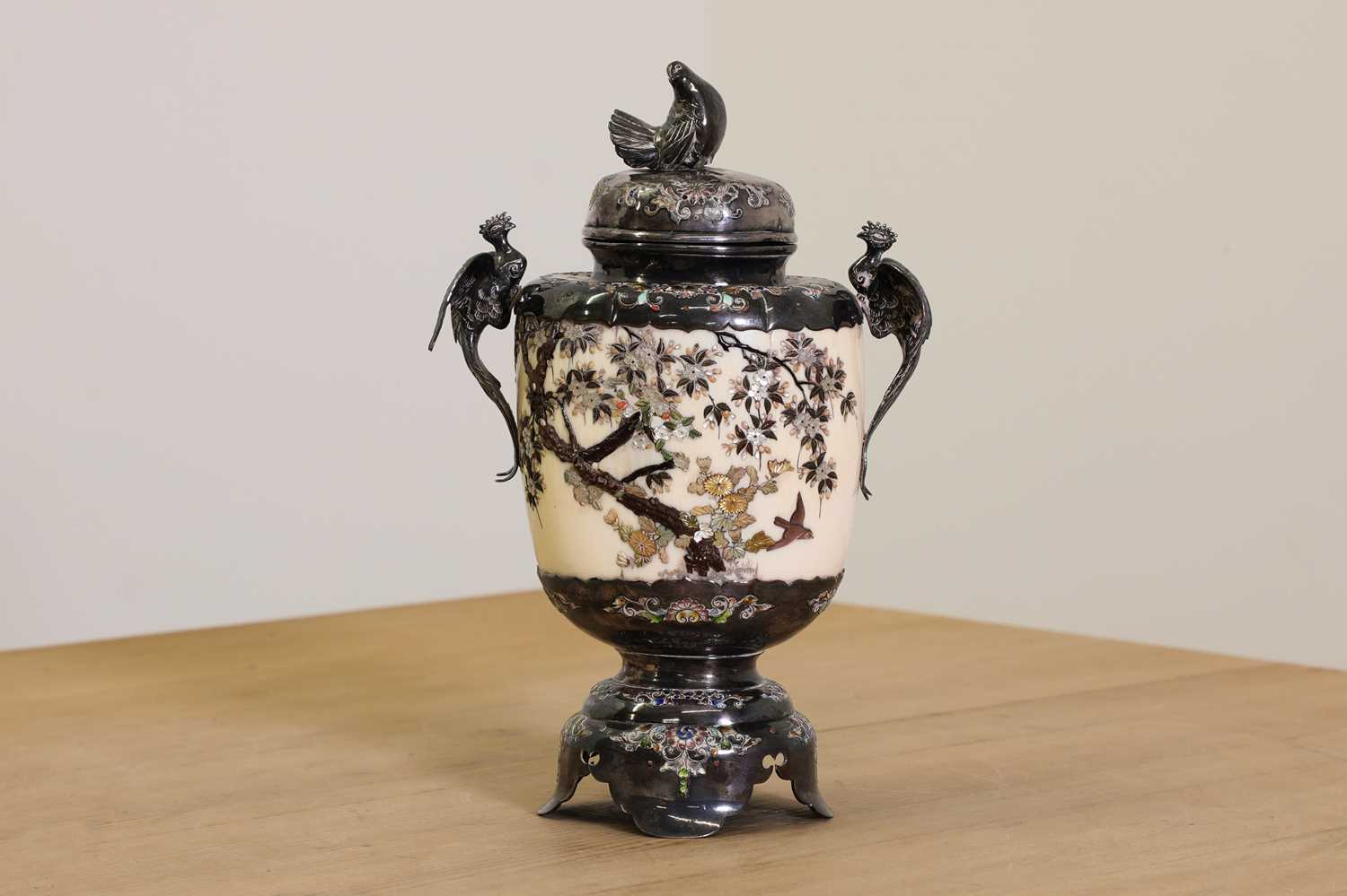 Lot 172 - A Japanese Shibayama ivory and silver vase and cover