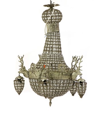 Lot 498 - A glass and silvered five light bag chandelier