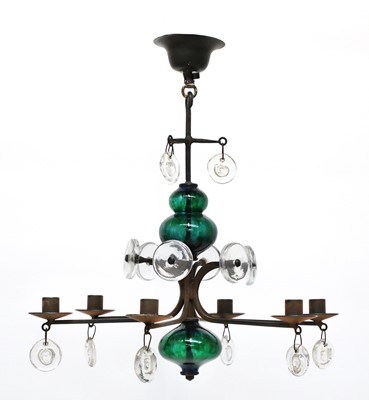 Lot 483 - A Swedish wrought iron and glass chandelier