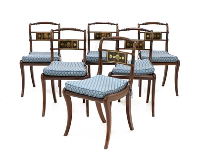 Lot 406 - A set of six Regency mahogany and brass inlaid dining chairs