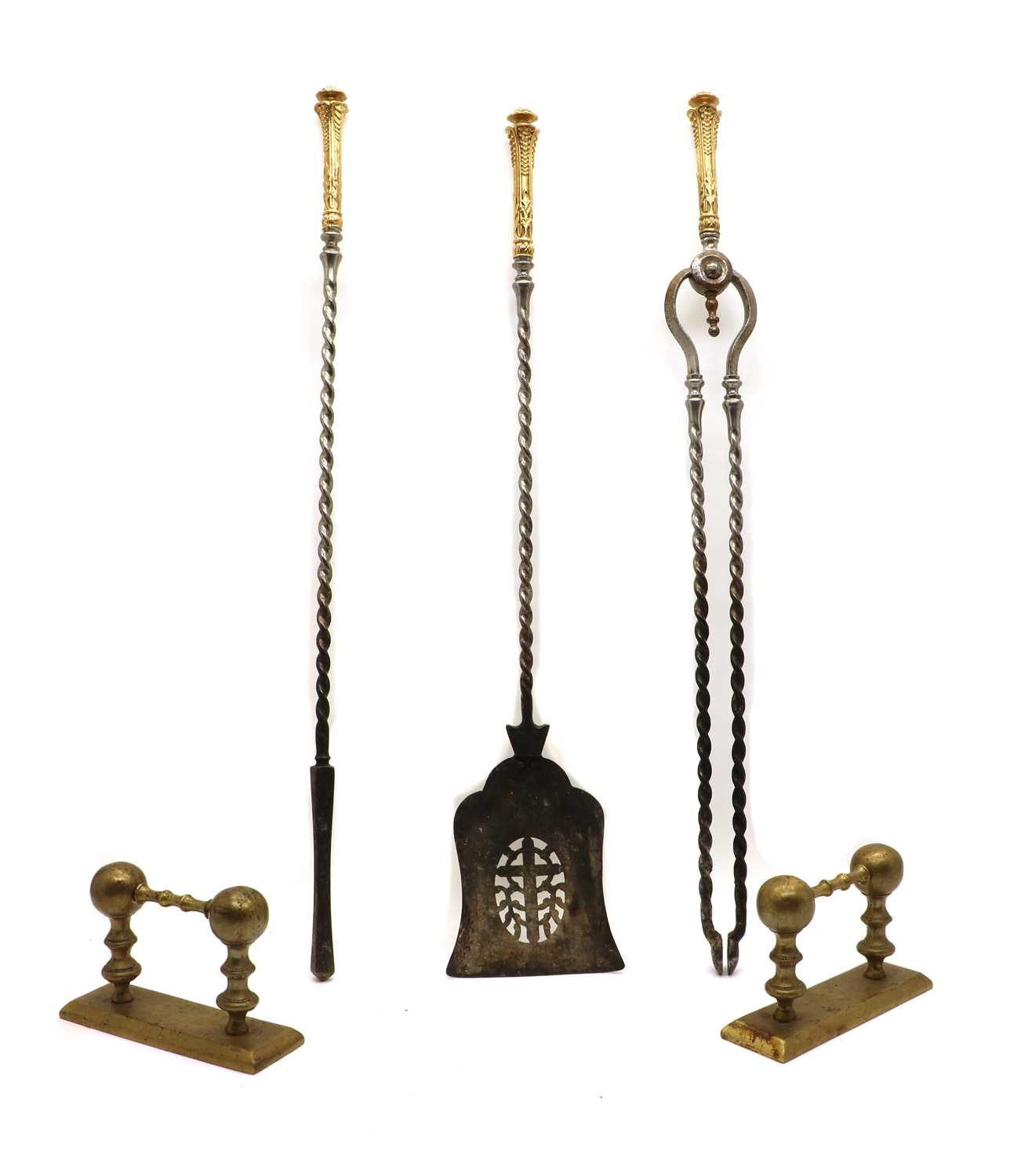 Lot 200 - A set of three 19th century polished steel and gilt metal fire implements