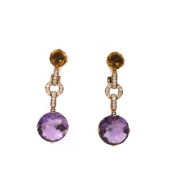 Lot 1246A - A pair of rose gold amethyst, citrine and diamond drop earrings