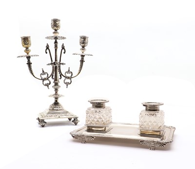 Lot 43 - A silver ink stand with two cut glass ink wells