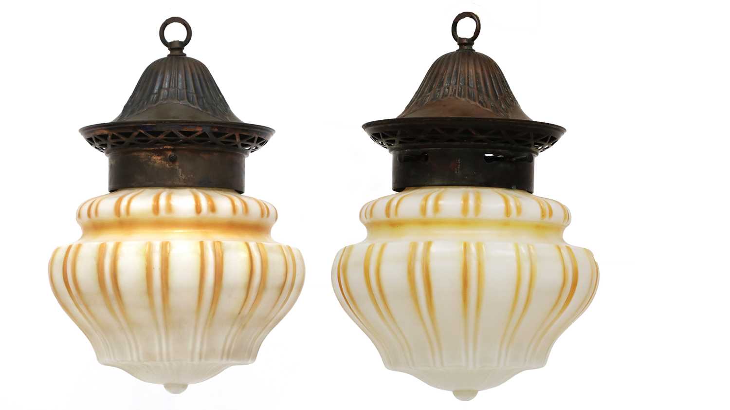 Lot 158 - A pair of copper-mounted hanging ceiling lights