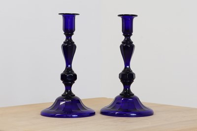 Lot 119 - A pair of Bristol blue glass candlesticks