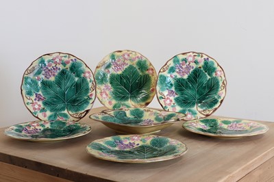 Lot 495 - A Wedgwood majolica pottery leaf moulded part dessert service